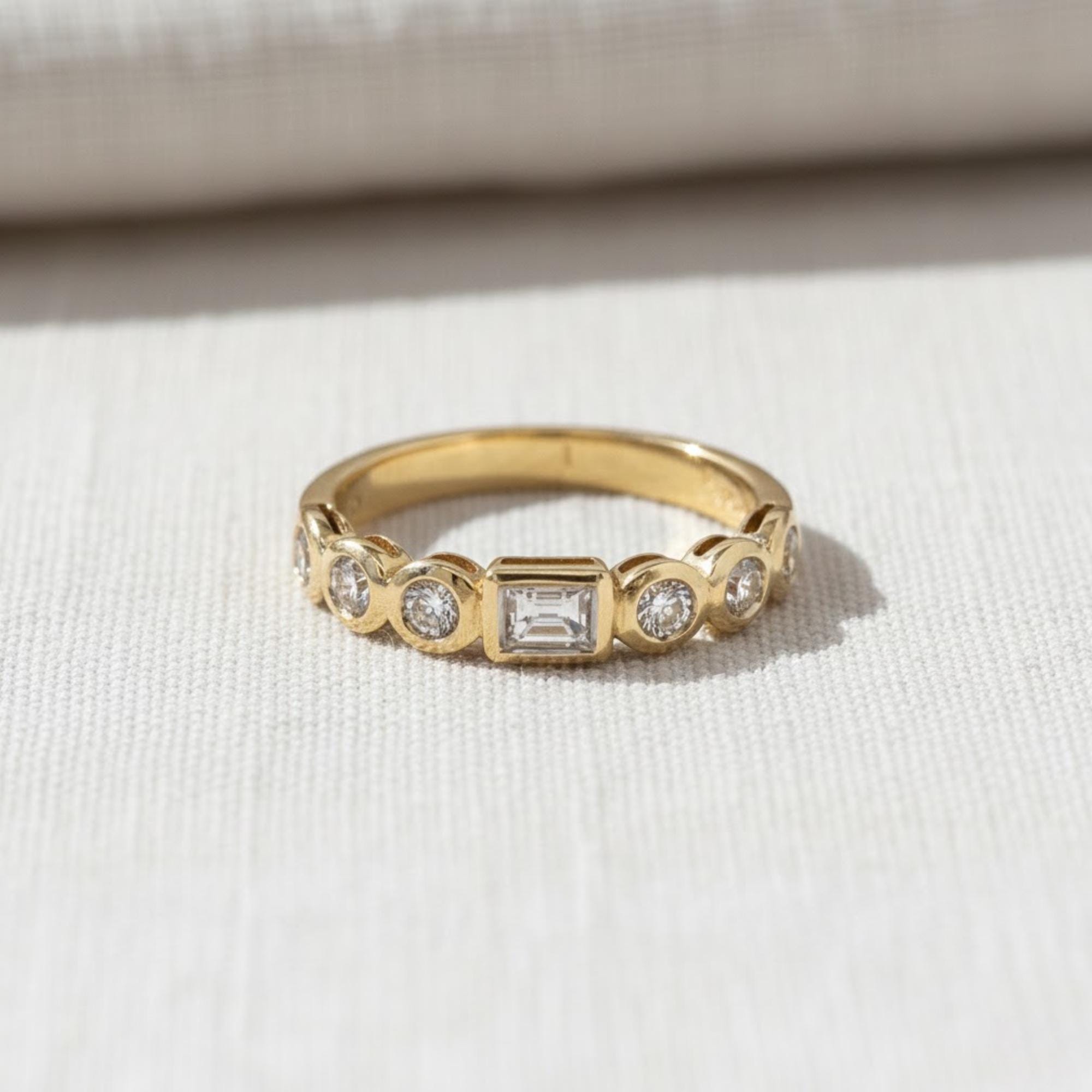 Round & Emerald Cut Half Eternity Diamond Band, 14K Gold