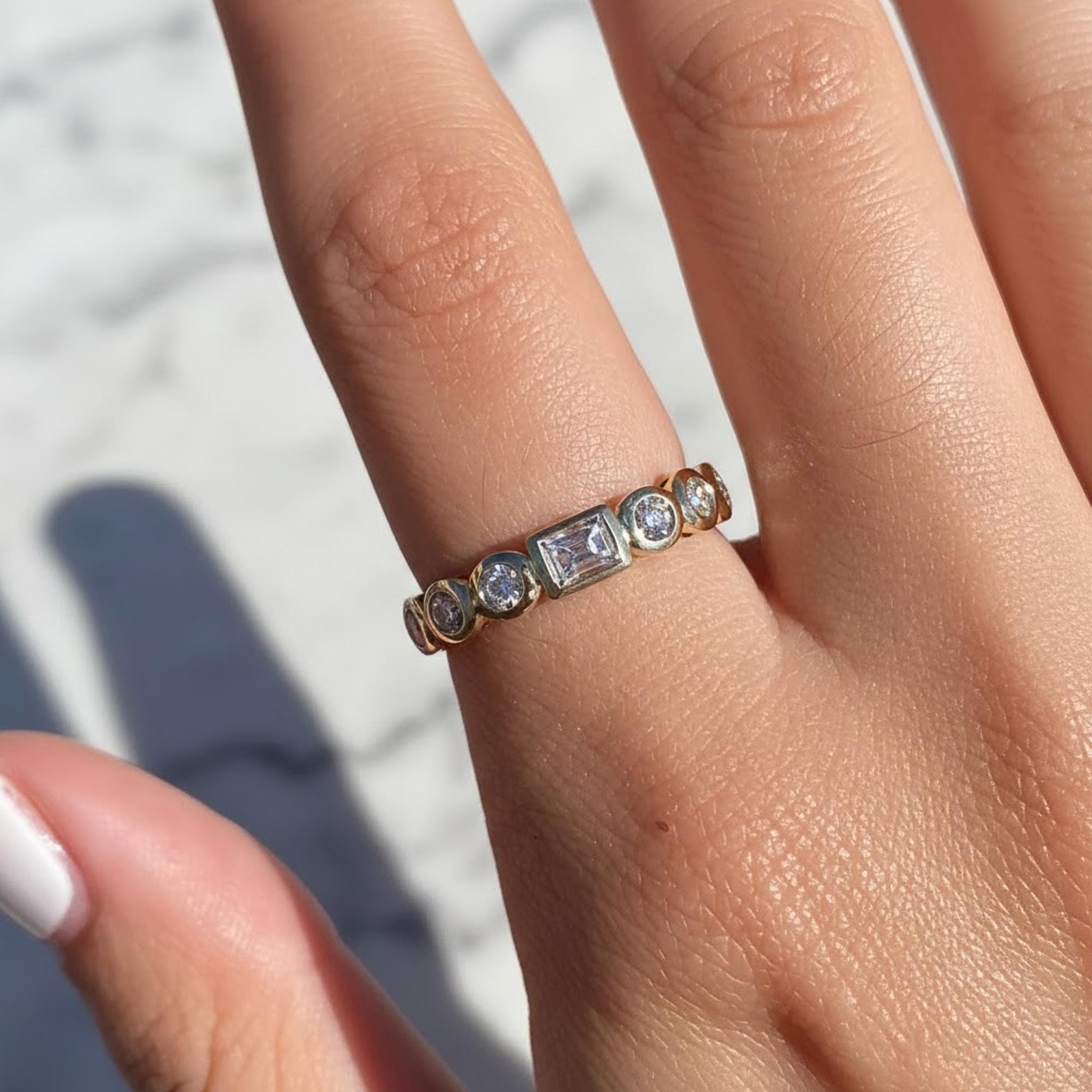 Round & Emerald Cut Half Eternity Diamond Band, 14K Gold