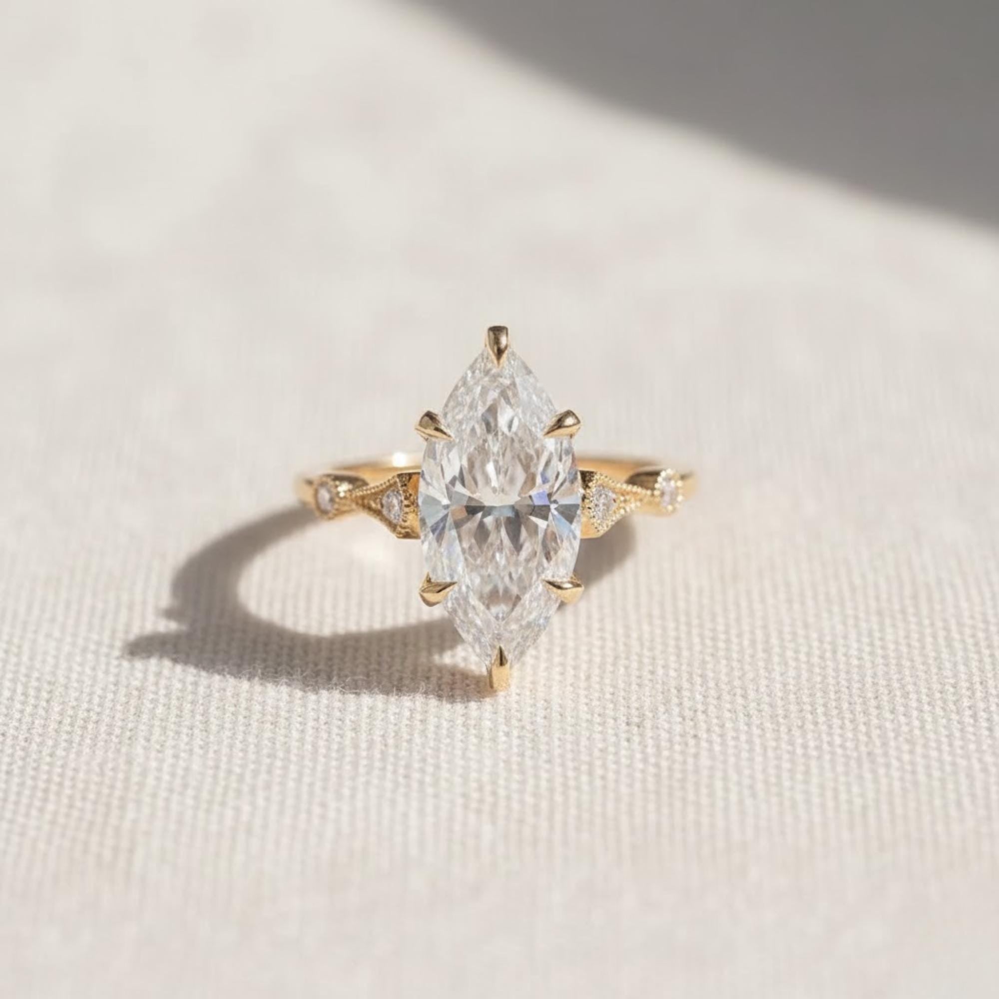 Marquise Diamond Vintage Style Engagement Ring in 14K Gold