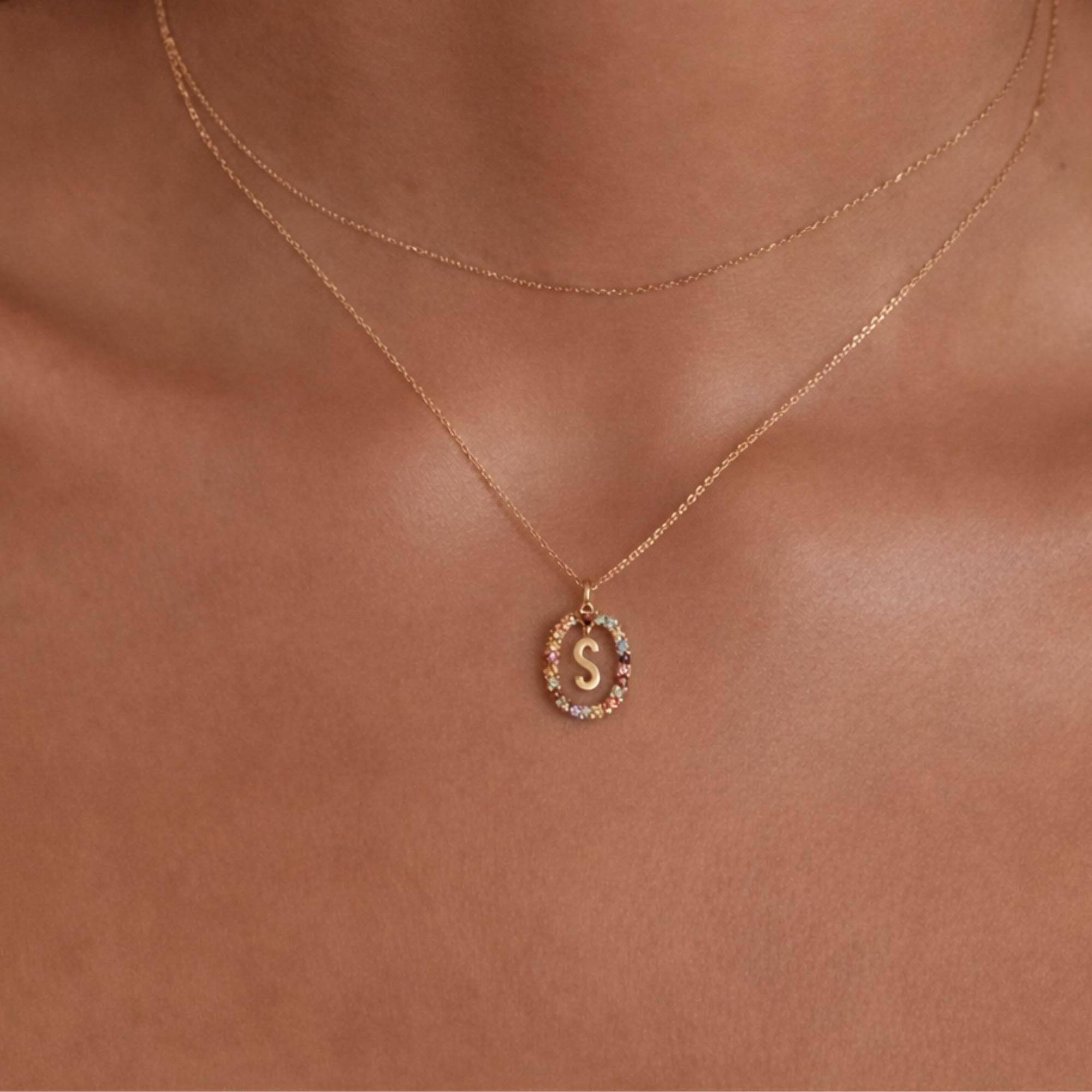 Custom Initial Gemstone Diamond Pendant Necklace