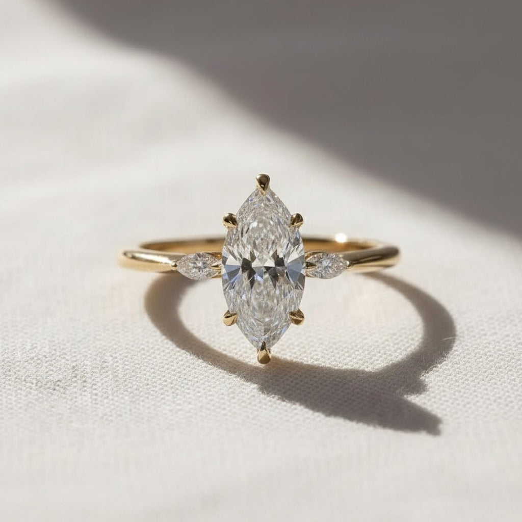 Marquise 3 Stone Engagement Ring Marquise Diamond Ring Real Lab Diamond Trilogy Ring White Rose Yellow Gold Ring Solid 10K 14K 18K Gold Ring