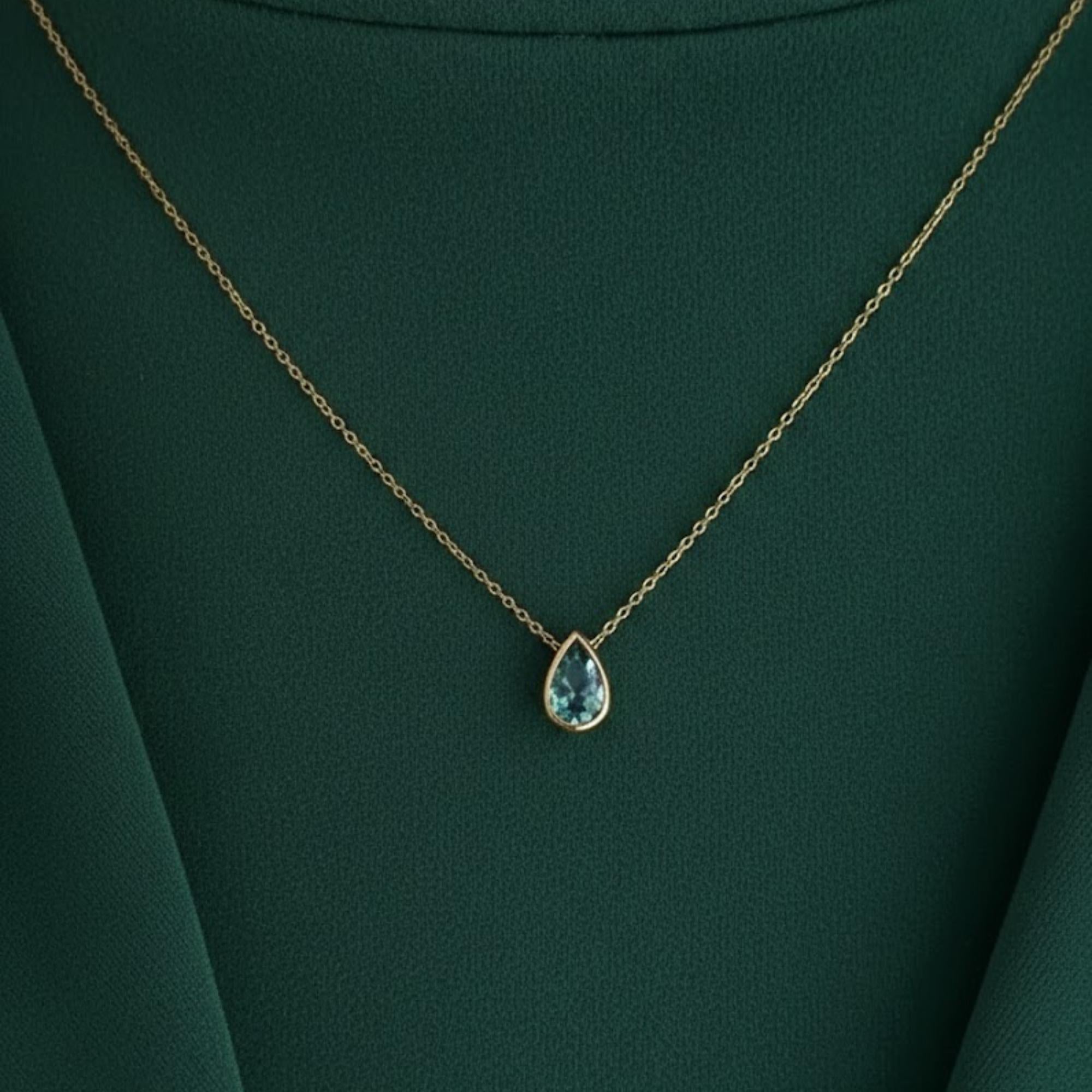 Pear Cut Blue Topaz Bezel Set Solitaire Necklace