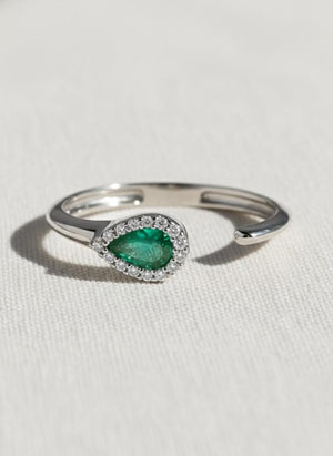 14K Gold Genuine Emerald & Pear Diamond Open Cuff Ring