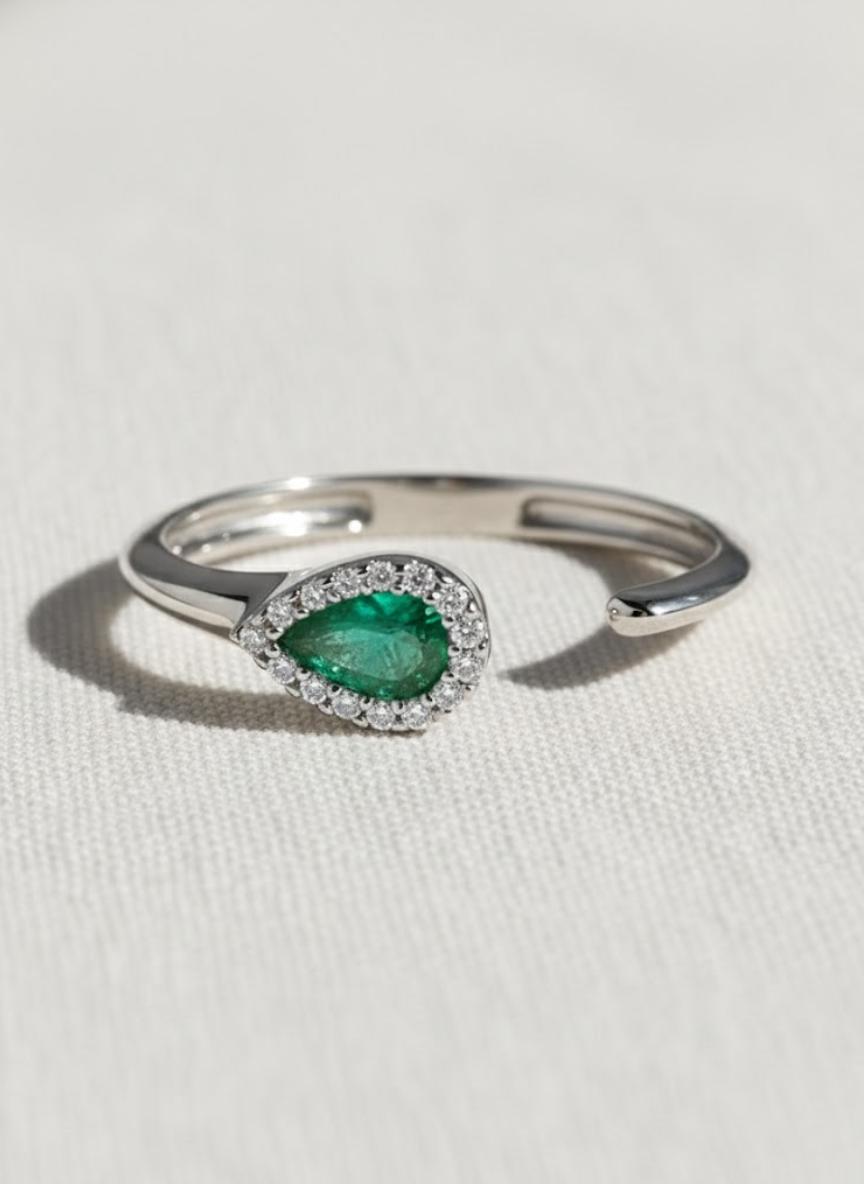 14K Gold Genuine Emerald & Pear Diamond Open Cuff Ring