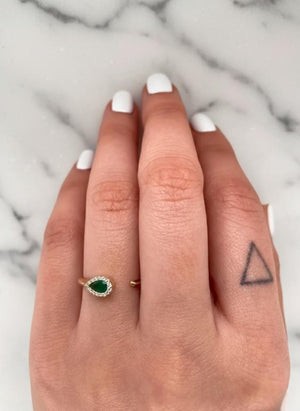 14K Gold Genuine Emerald & Pear Diamond Open Cuff Ring