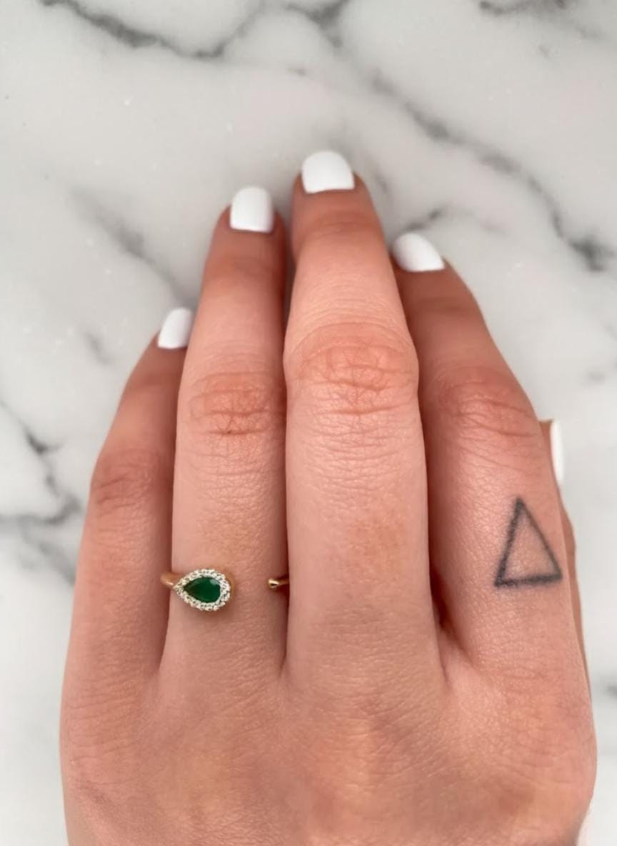 14K Gold Genuine Emerald & Pear Diamond Open Cuff Ring