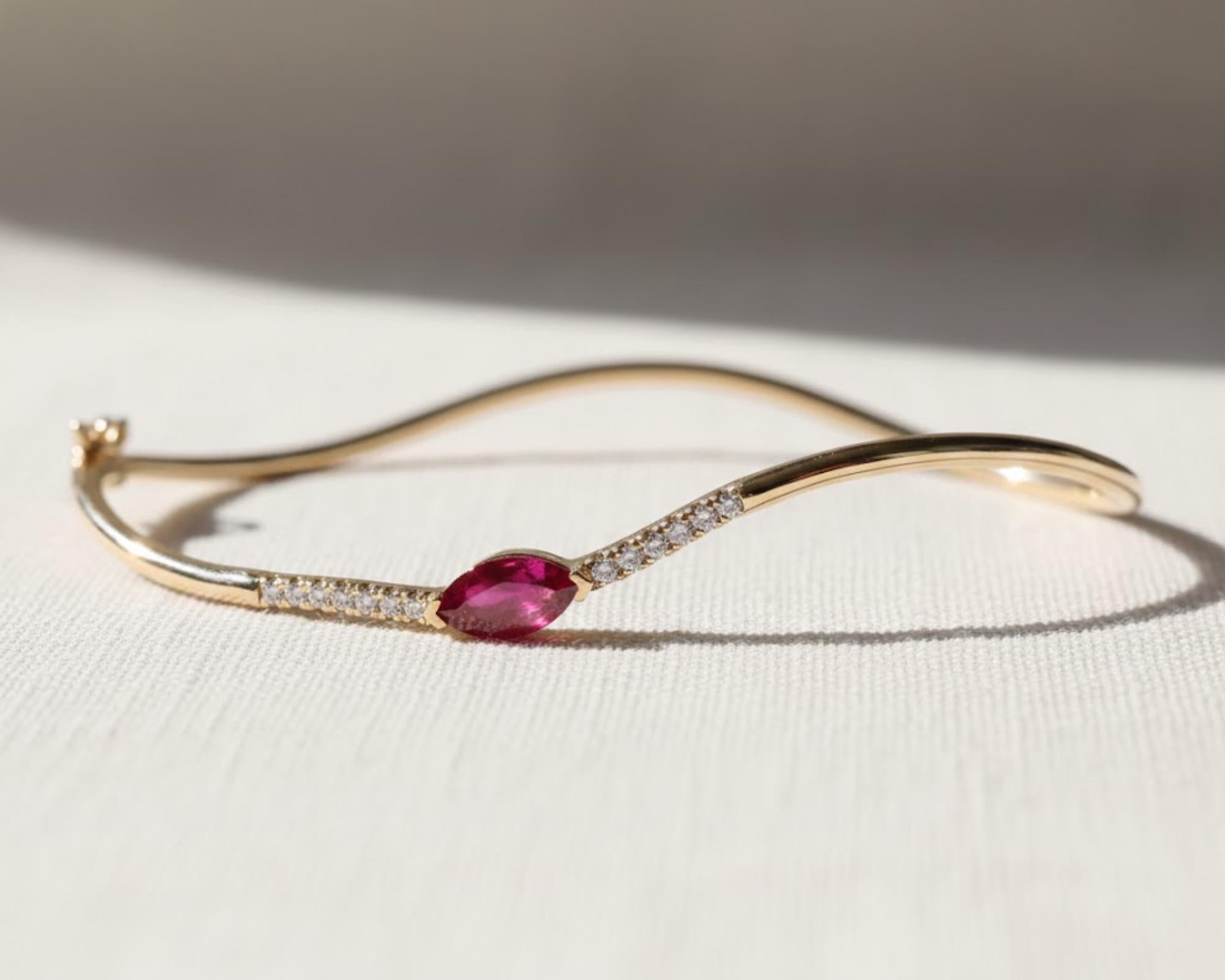 14K Gold Marquise Ruby Diamond Bracelet, July Birthstone