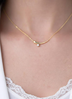 14K Gold Prong Set Diamond Curve Drop Layering Necklace