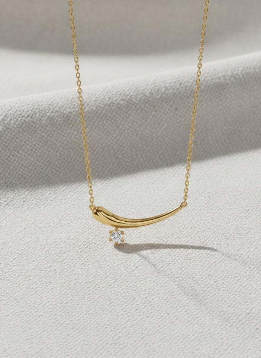 14K Gold Prong Set Diamond Curve Drop Layering Necklace
