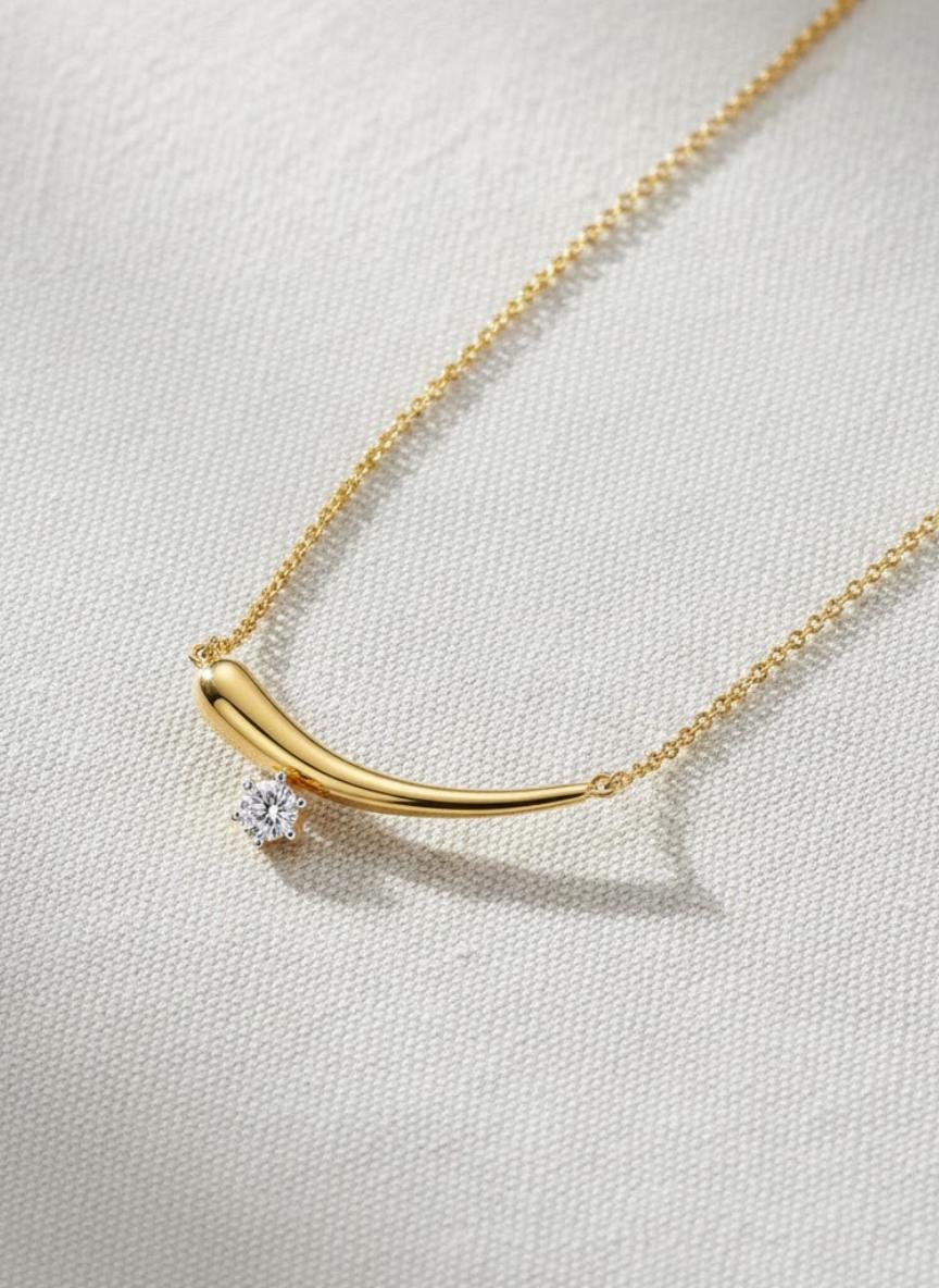 14K Gold Prong Set Diamond Curve Drop Layering Necklace