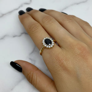 Black Onyx Diamond Halo Vintage Engagement Ring in Gold