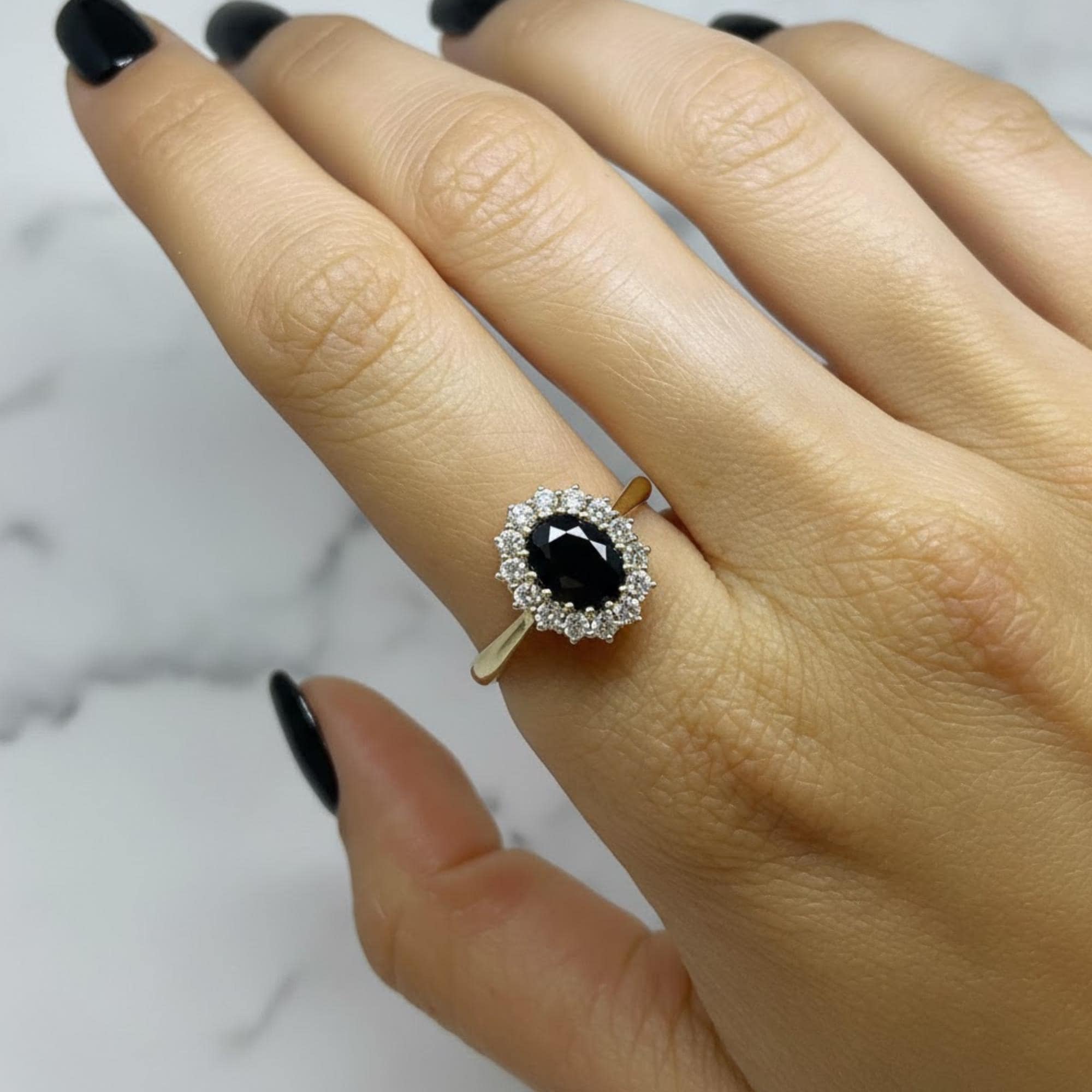 Black Onyx Diamond Halo Vintage Engagement Ring in Gold