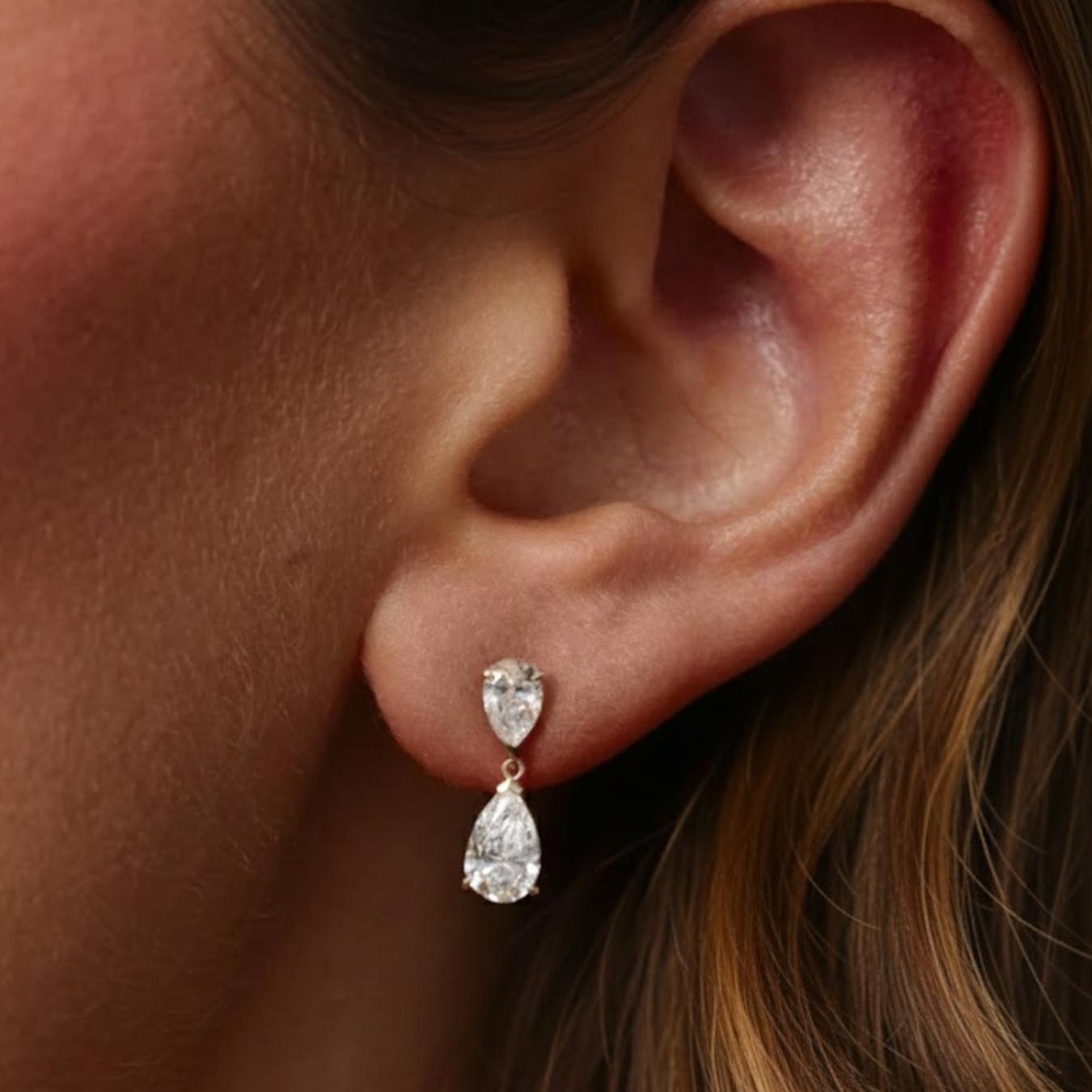 Pear Cut Lab Diamond Dangle Earrings, 10K Yellow Gold