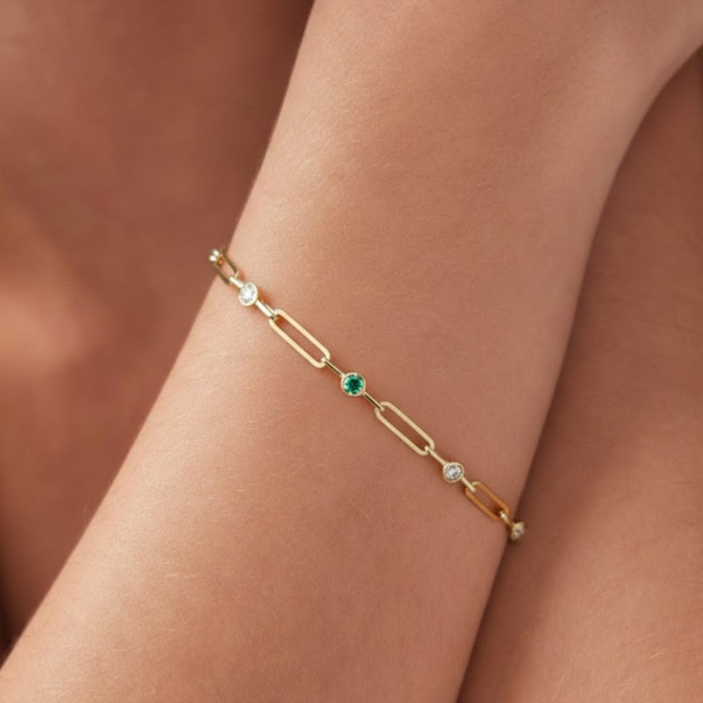 Gold Paperclip Diamond Bracelet, 10K 14k Solid Gold, Elegant Link Bracelet, White Diamond Accents, Paperclip Stacking Bracelet, Lilly