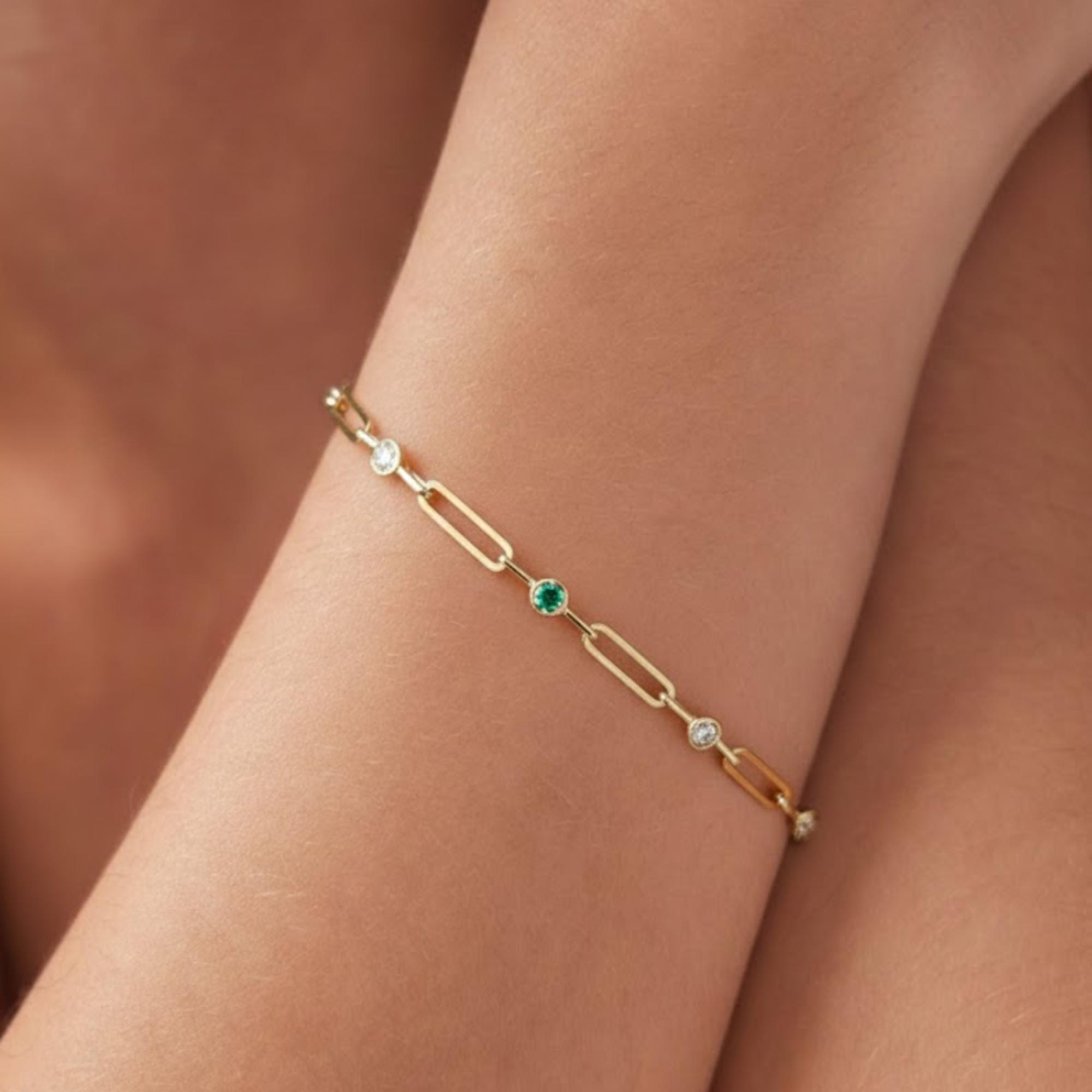 10K 14K Solid Gold Paperclip Diamond Link Stacking Bracelet