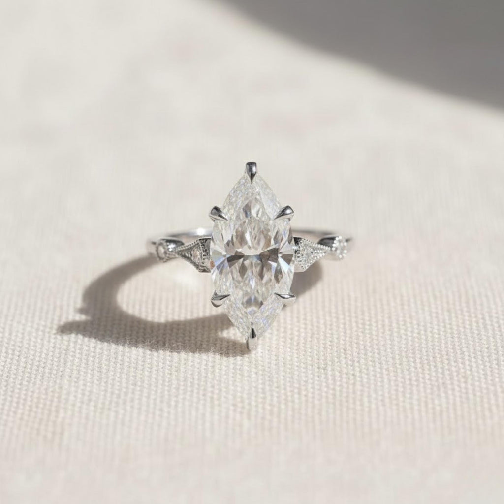 Nature-Inspired 2 Carat Marquise Lab Diamond Engagement Ring, 14K Gold Vintage Hand-Carved Filigree Design, Handmade Promise Ring for Her