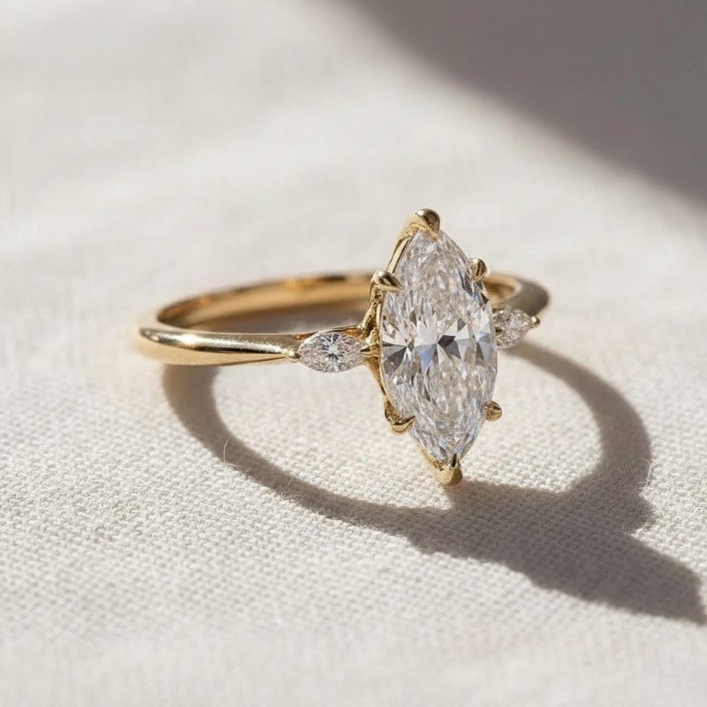 Marquise 3 Stone Engagement Ring Marquise Diamond Ring Real Lab Diamond Trilogy Ring White Rose Yellow Gold Ring Solid 10K 14K 18K Gold Ring