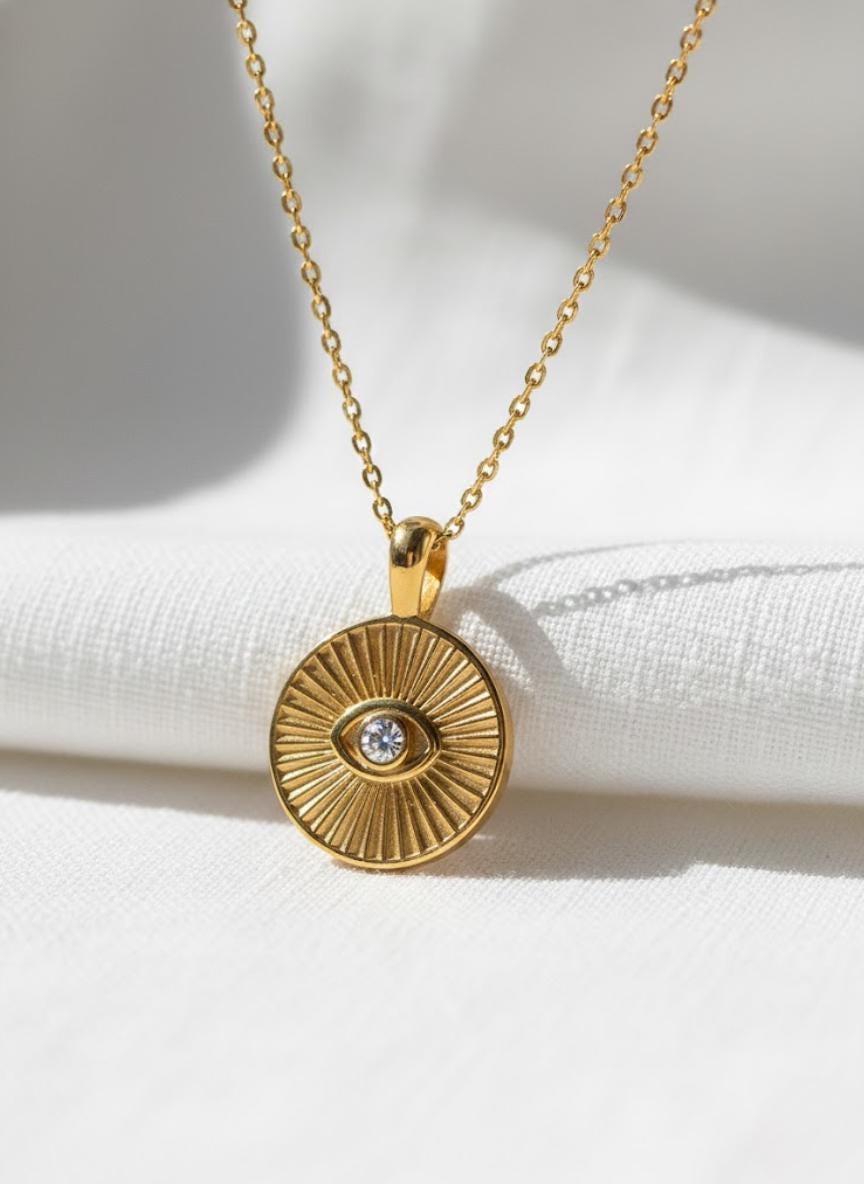 Round Diamond Evil Eye Pendant Necklace, 14K Solid Gold