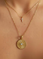 Diamond Necklace / 14k Evil Eye Diamond Solitaire Necklace / Diamond Ballerina Evil Eve Disc Necklace / Diamond Ray Charm Layering Necklace