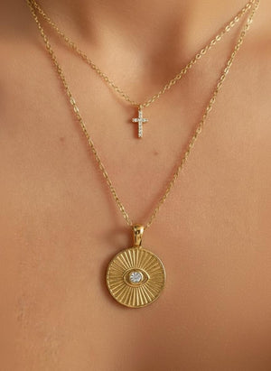 Round Diamond Evil Eye Pendant Necklace, 14K Solid Gold