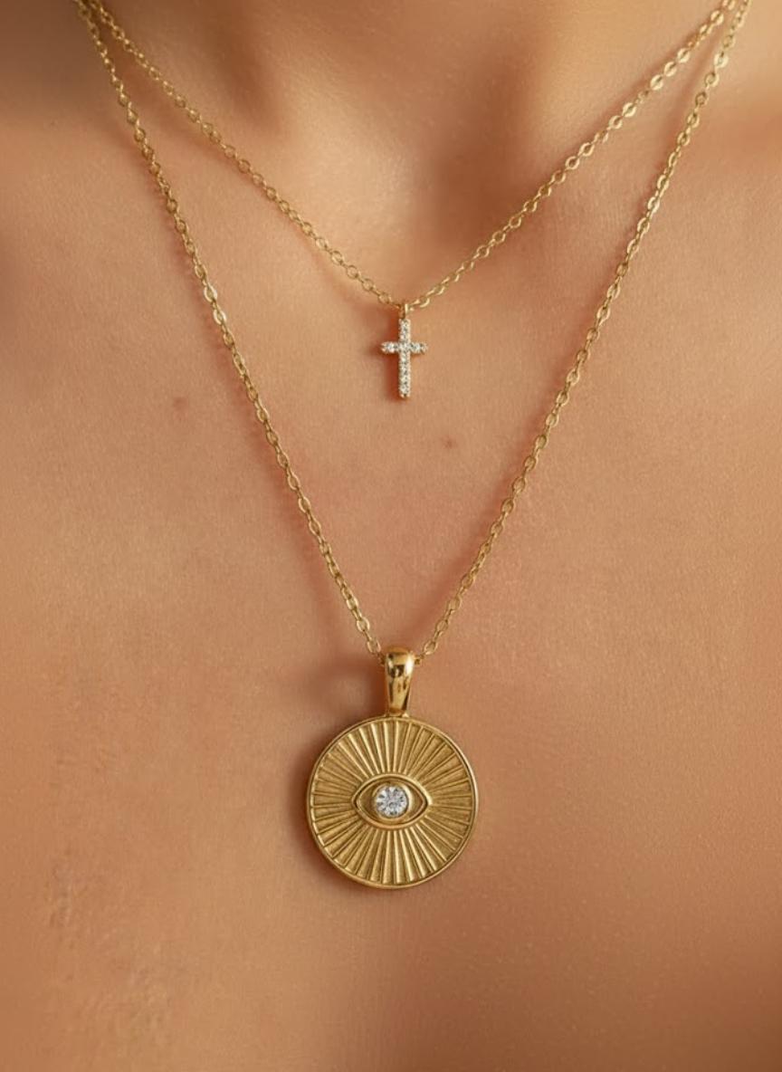 Round Diamond Evil Eye Pendant Necklace, 14K Solid Gold