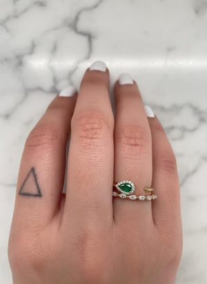 14K Gold Genuine Emerald & Pear Diamond Open Cuff Ring