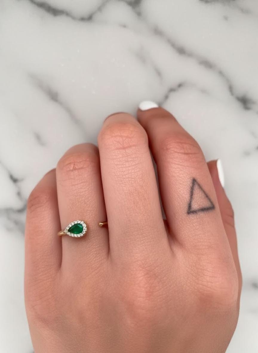 14K Gold Genuine Emerald & Pear Diamond Open Cuff Ring