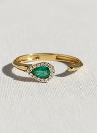 14K Gold Genuine Emerald & Pear Diamond Open Cuff Ring