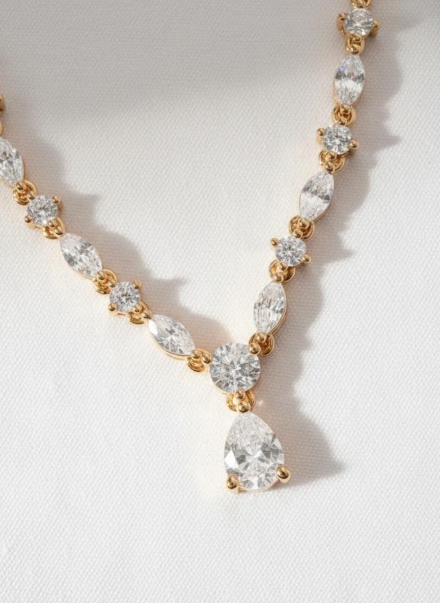 Pear Cut Diamond Tennis Necklace, Silver Bridal Jewelry