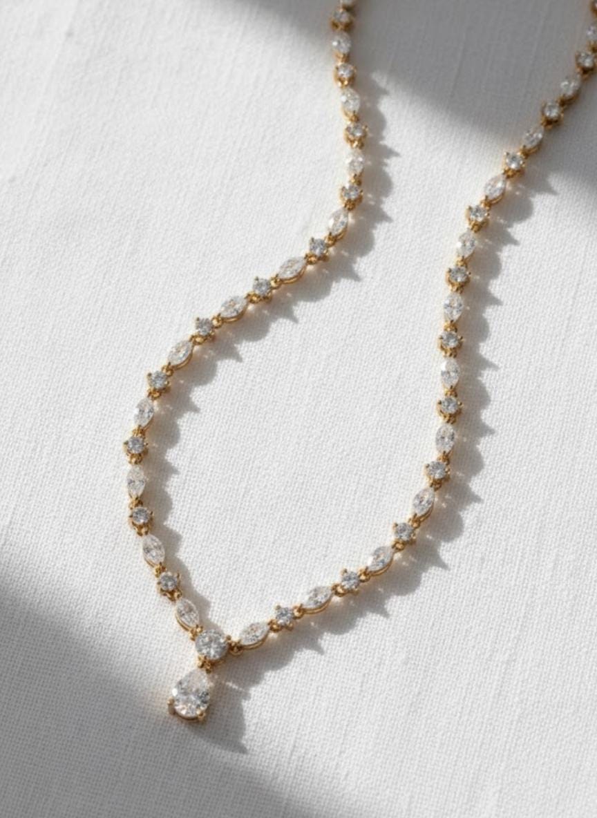 Pear Cut Diamond Tennis Necklace, Silver Bridal Jewelry