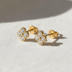 Diamond Clover Studs, 14K Solid Gold Flower Clover Stud Earrings, Dainty Diamond Studs, Minimalist Diamond Birthday Gift, Best Gift For Her