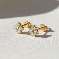 14K Solid Gold Diamond Clover Stud Earrings