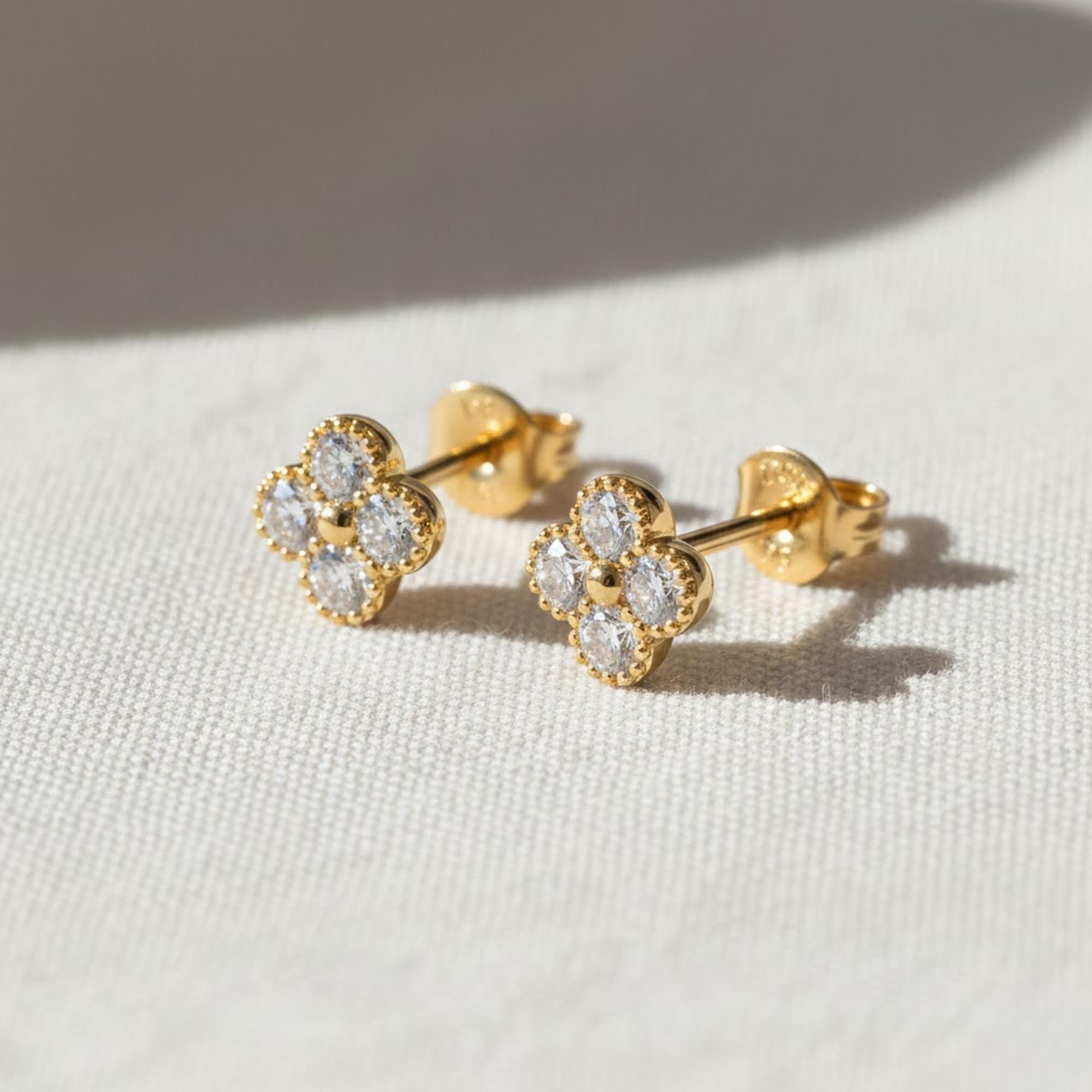 14K Solid Gold Diamond Clover Stud Earrings