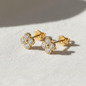 14K Solid Gold Diamond Clover Stud Earrings