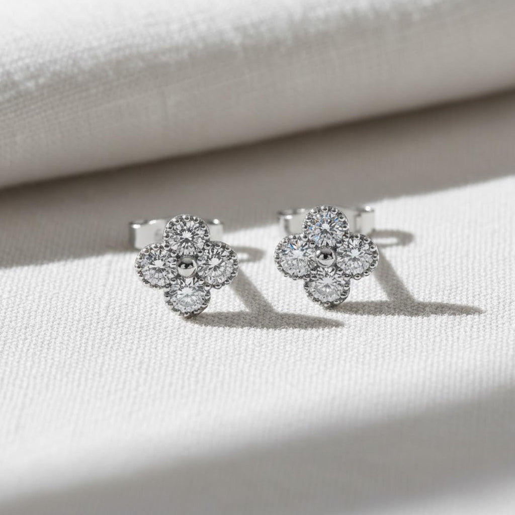Diamond Clover Studs, 14K Solid Gold Flower Clover Stud Earrings, Dainty Diamond Studs, Minimalist Diamond Birthday Gift, Best Gift For Her