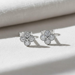 14K Solid Gold Diamond Clover Stud Earrings