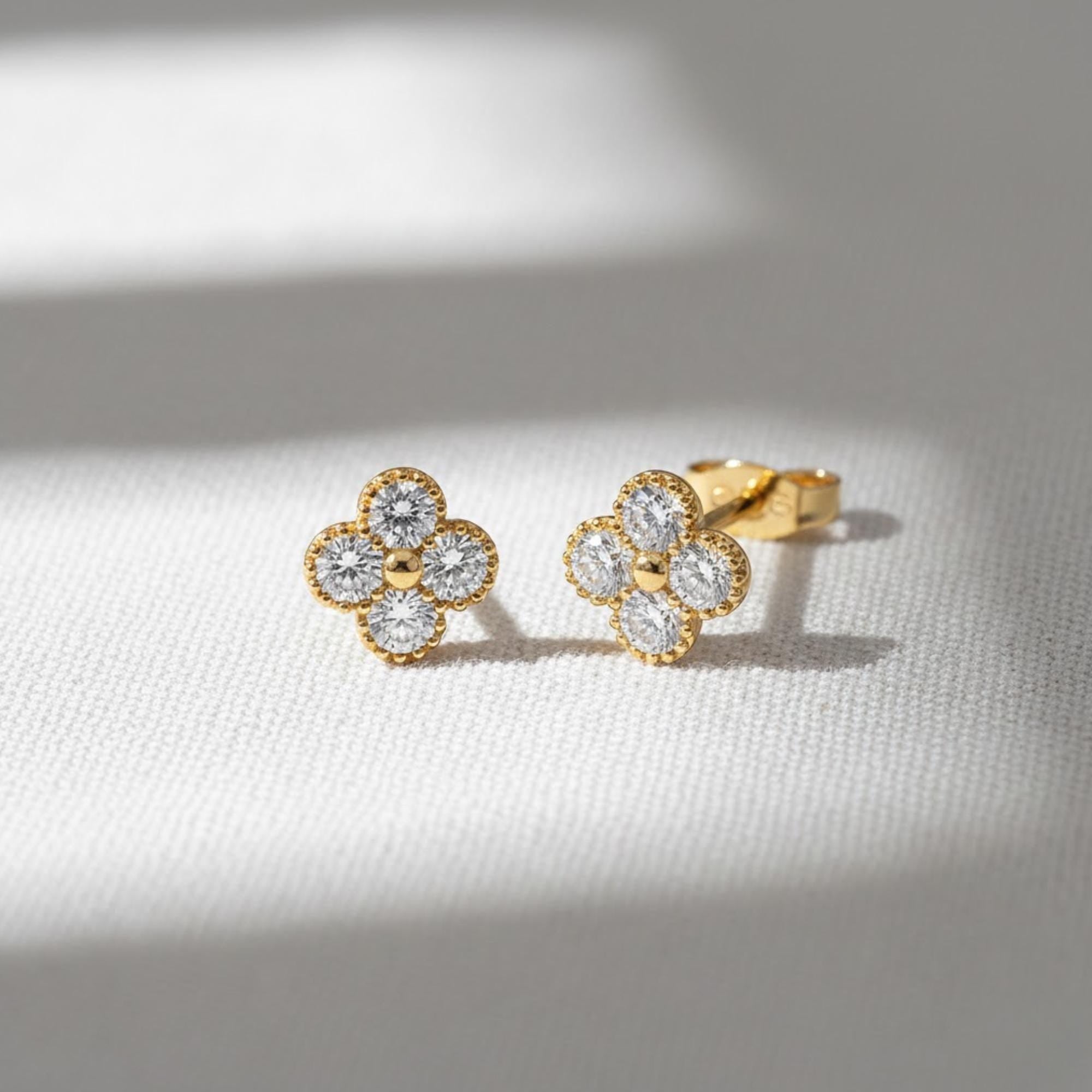 14K Solid Gold Diamond Clover Stud Earrings