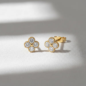 14K Solid Gold Diamond Clover Stud Earrings