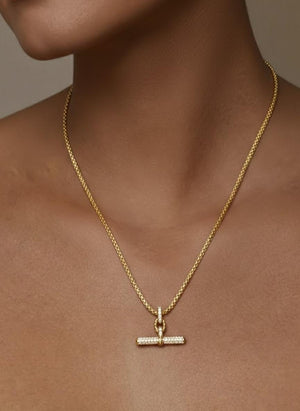 14K Solid Gold Moissanite T-Bar Pendant Necklace