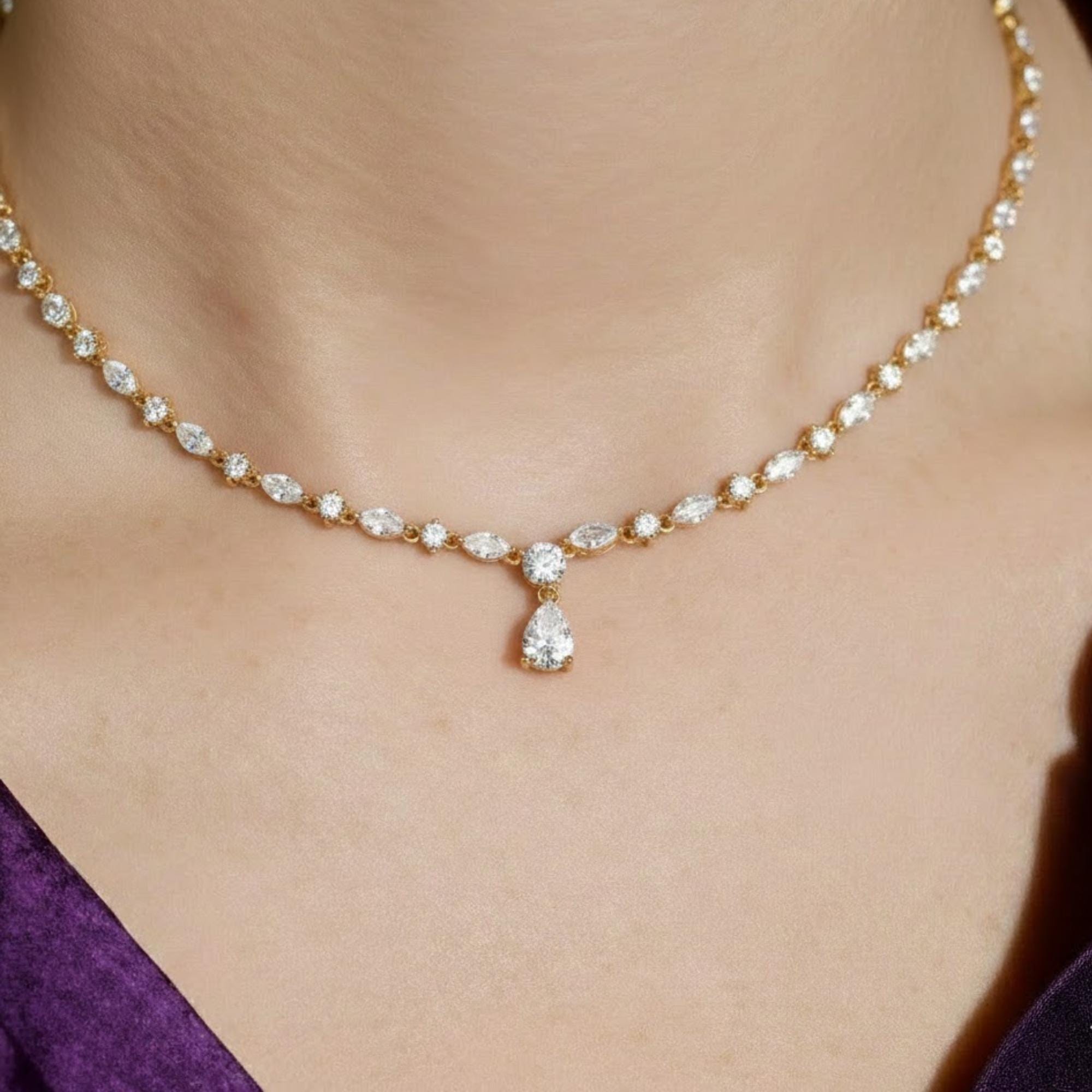 Pear Cut Diamond Tennis Necklace, Silver Bridal Jewelry