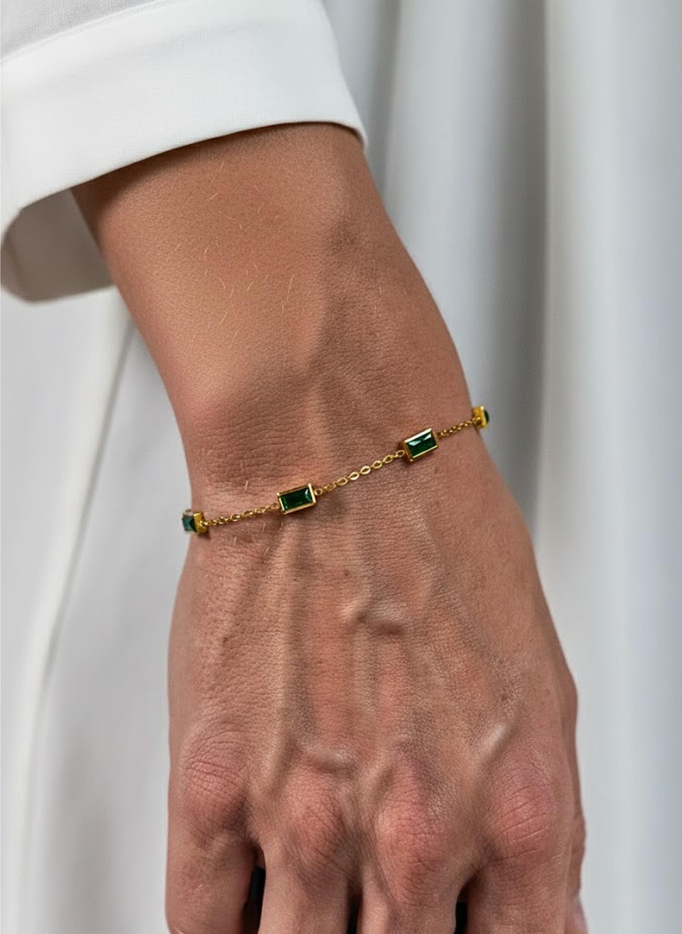 14K Gold Baguette Emerald Birthstone Bracelet