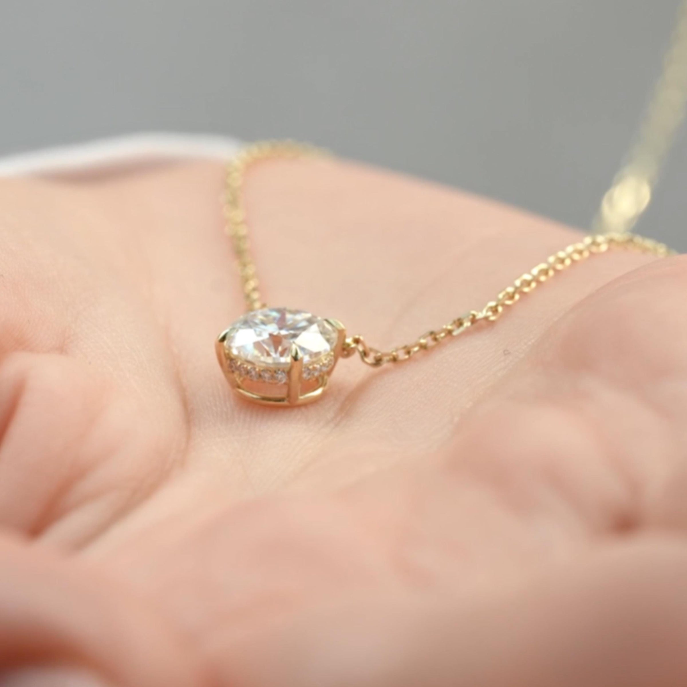 Round Lab Diamond Solitaire Necklace, 14K Gold
