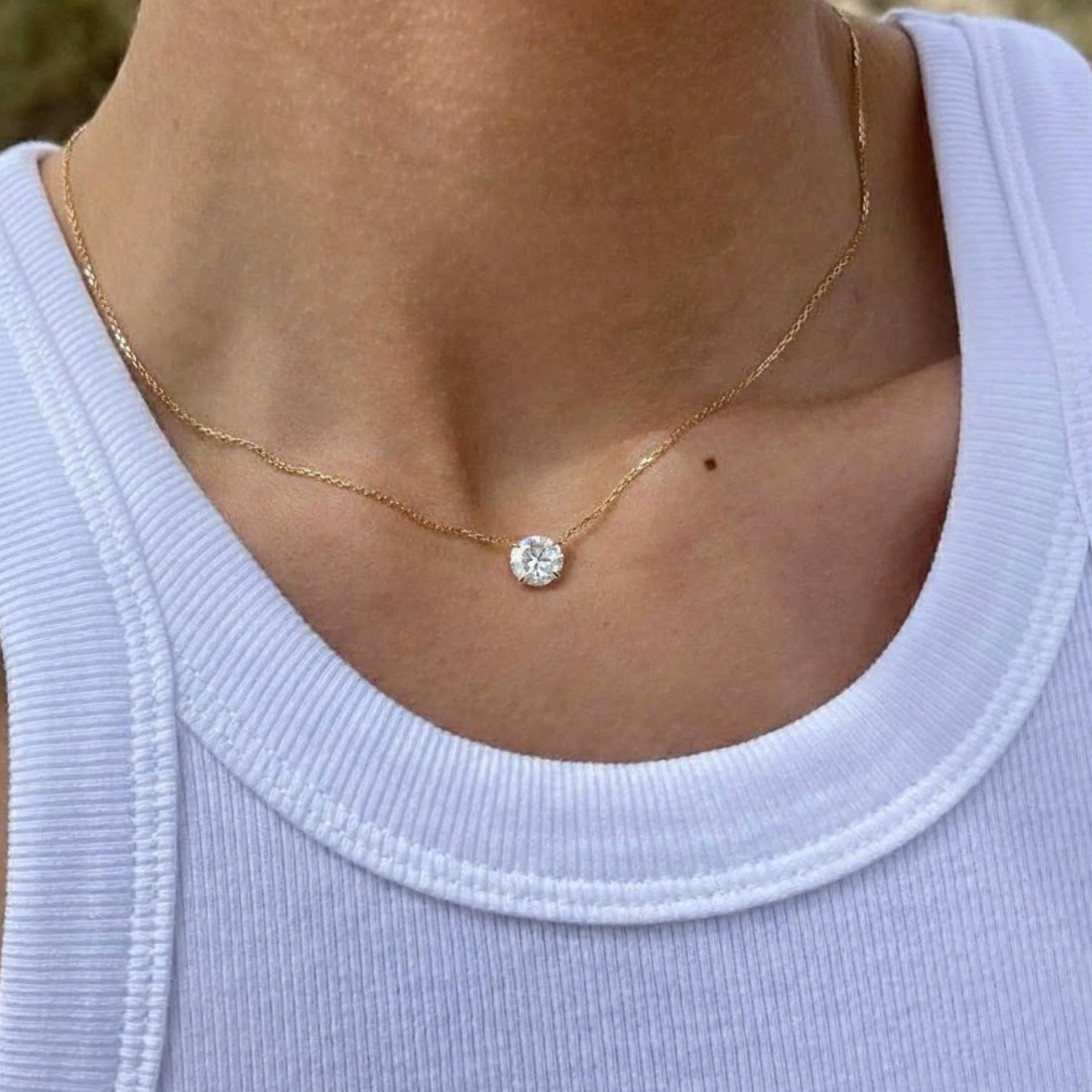 Round Lab Diamond Solitaire Necklace, 14K Gold
