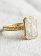 4 Carat Emerald Cut Lab Grown Diamond Engagement Ring | 14K Gold Bezel | IGI Certified | Vintage Ring