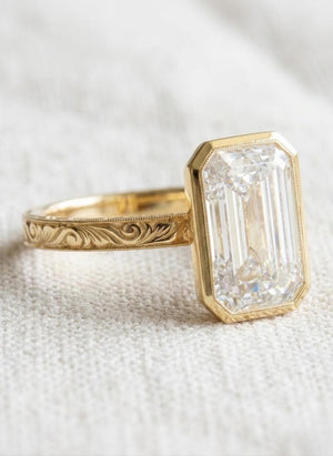 Emerald Cut Lab Diamond Bezel Ring, 14K Gold
