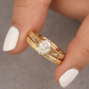 Filigree Diamond Engagement Ring Set, Yellow Gold