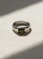 Emerald Cut Yellow Green Peridot Mens Sapphire Mens Wedding Band Diamond Moon Star Inner Engraved Band Anniversary Gift For Him