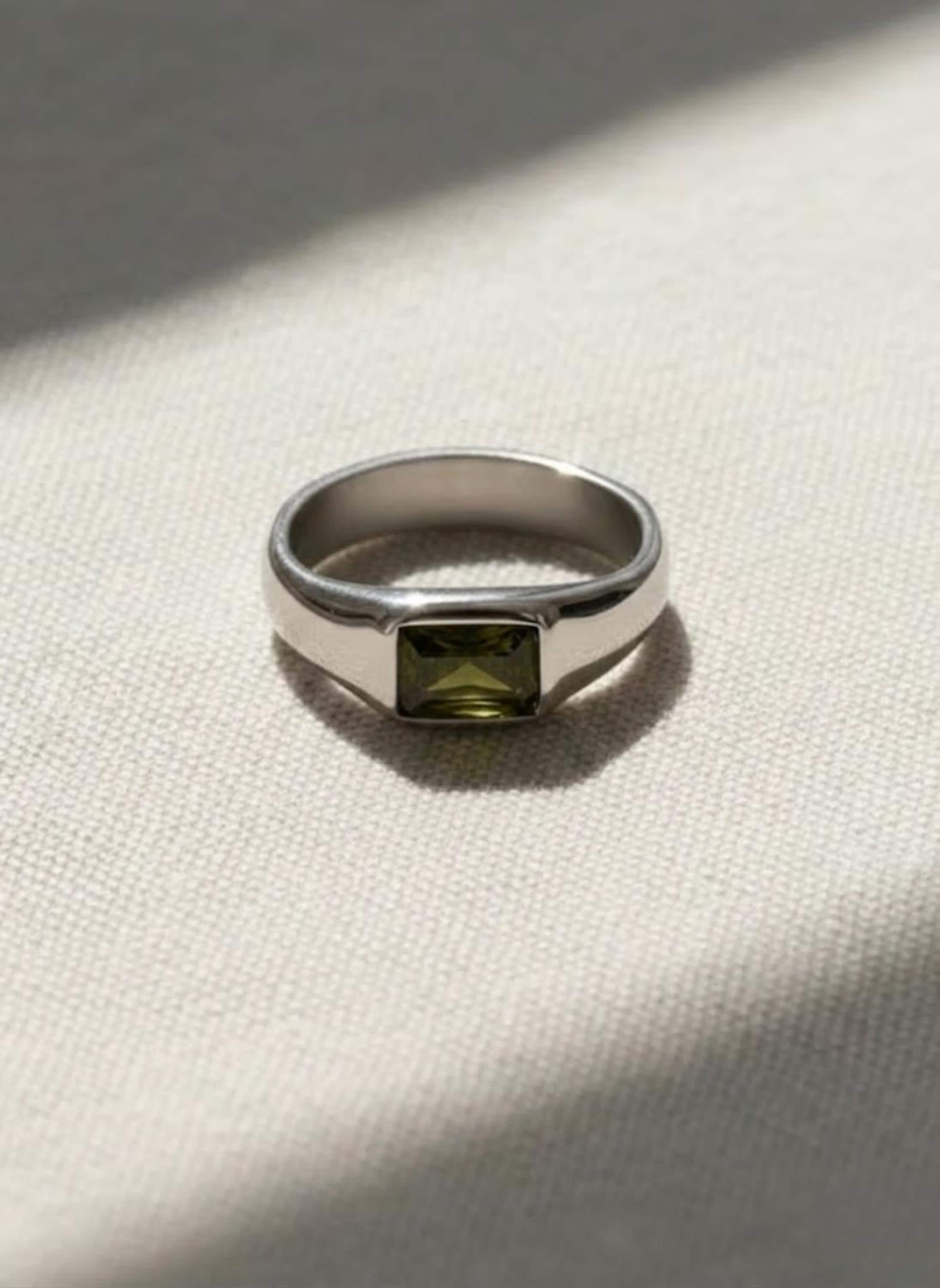 Mens Peridot Wedding Band, Diamond Moon Star Engraved Ring