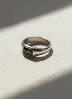 Emerald Cut Yellow Green Peridot Mens Sapphire Mens Wedding Band Diamond Moon Star Inner Engraved Band Anniversary Gift For Him