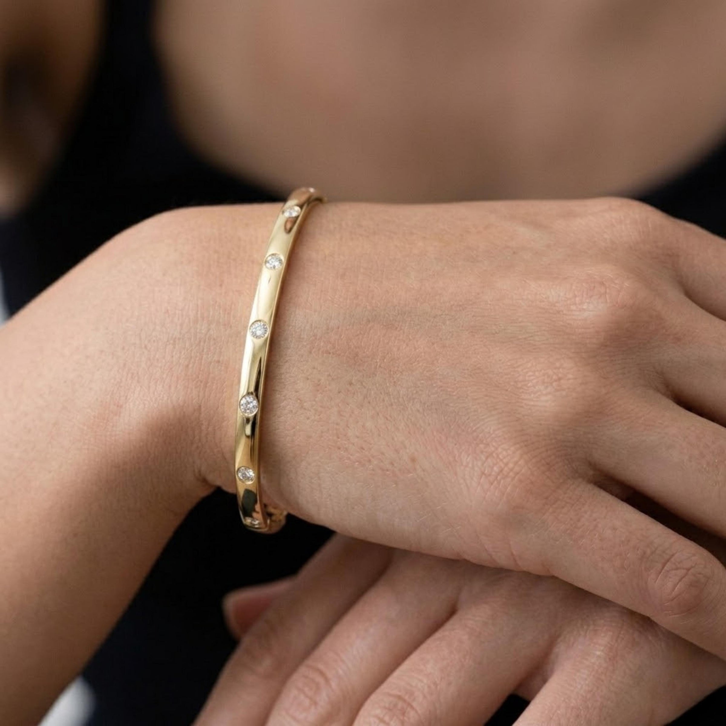 14K Round Diamond Cuff Bangle Bracelet